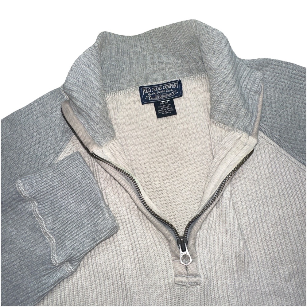 VTG Polo Jeans Co Ralph Lauren Mens M Ribbed Preppy Pullover 1/4 Zip Beige Gray - Picture 1 of 7